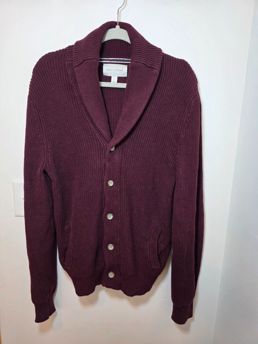 Mens Shawl Collar Cardigan Sweater Small Burgundy Waffle Knit